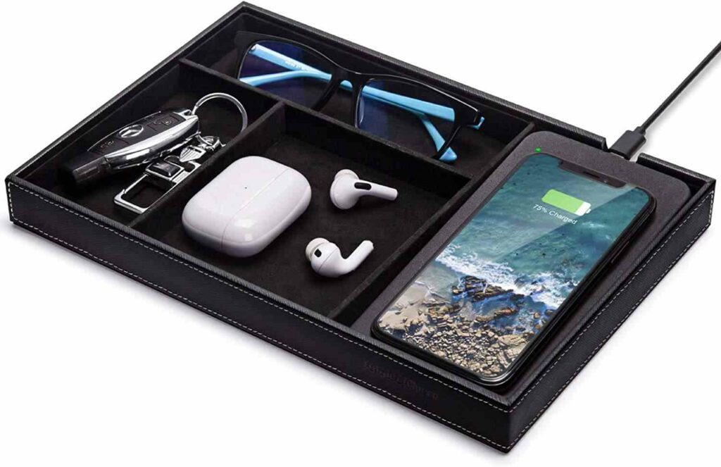 Wireless charging station and valet tray: